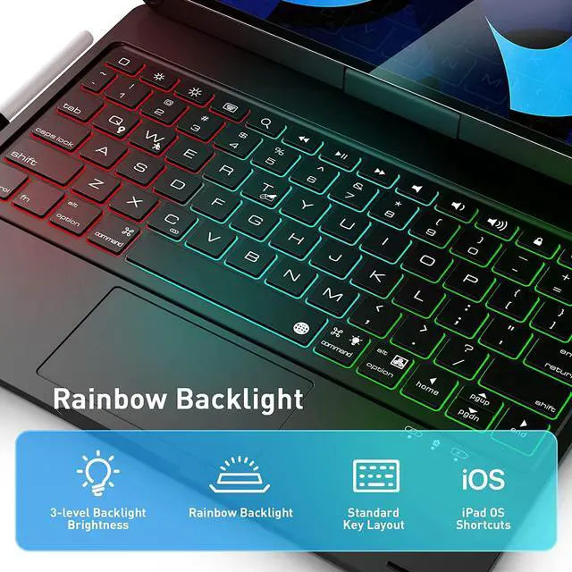 Alt view image 3 of 7 - Wireless Touchpad Keyboard Case For iPad Pro 11 inch 2022 2021 2020/iPad Air 5 10.9 2022/Air 4 10.9 2022, 360 Swivel, Pencil Holder, 7 Colors Backlit for iPad Pro 11 inch 3rd 2nd 1st Gen & Air 5th 4th