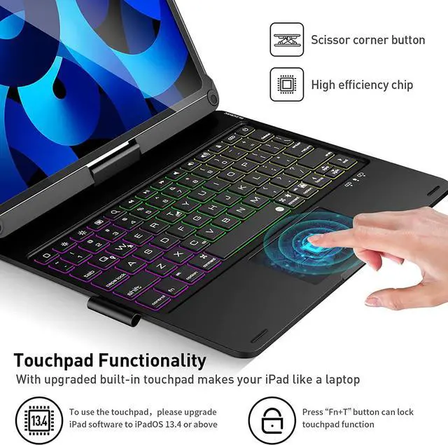 Alt view image 4 of 7 - Wireless Touchpad Keyboard Case For iPad Pro 11 inch 2022 2021 2020/iPad Air 5 10.9 2022/Air 4 10.9 2022, 360 Swivel, Pencil Holder, 7 Colors Backlit for iPad Pro 11 inch 3rd 2nd 1st Gen & Air 5th 4th