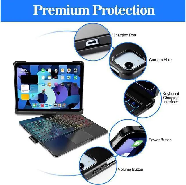 Alt view image 6 of 7 - Wireless Touchpad Keyboard Case For iPad Pro 11 inch 2022 2021 2020/iPad Air 5 10.9 2022/Air 4 10.9 2022, 360 Swivel, Pencil Holder, 7 Colors Backlit for iPad Pro 11 inch 3rd 2nd 1st Gen & Air 5th 4th