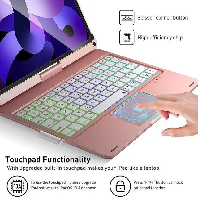 Alt view image 4 of 7 - Wireless Touchpad Keyboard Case For iPad Pro 11 inch 2022 2021 2020/iPad Air 5 10.9 2022/Air 4 10.9 2022, 360 Swivel, Pencil Holder, 7 Colors Backlit for iPad Pro 11 inch 3rd 2nd 1st Gen & Air 5th 4th