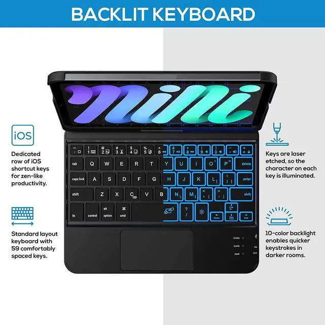 Alt view image 5 of 7 - Touch Wireless Keyboard Case for iPad Mini 6 2021 8.3 inch, Touchpad, 7 Colors Backlit, 360 Rotatable Slim Folio Protective Cover For iPad Mini 6th Generation 8.3 inch 2021
