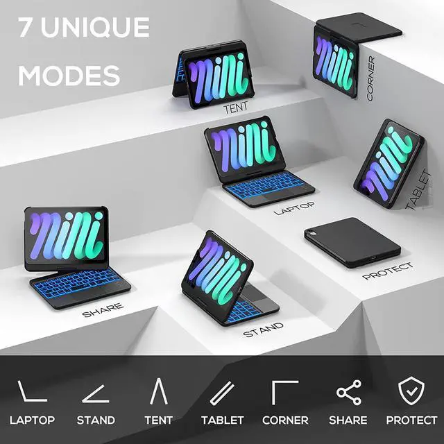 Alt view image 6 of 7 - Touch Wireless Keyboard Case for iPad Mini 6 2021 8.3 inch, Touchpad, 7 Colors Backlit, 360 Rotatable Slim Folio Protective Cover For iPad Mini 6th Generation 8.3 inch 2021