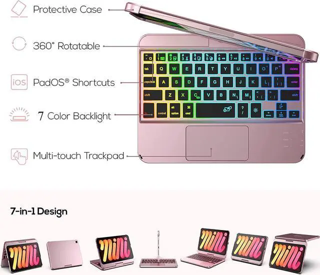 Alt view image 3 of 7 - Touch Wireless Keyboard Case for iPad Mini 6 2021 8.3 inch, Touchpad, 7 Colors Backlit, 360 Rotatable Slim Folio Protective Cover For iPad Mini 6th Generation 8.3 inch 2021 Rose Gold