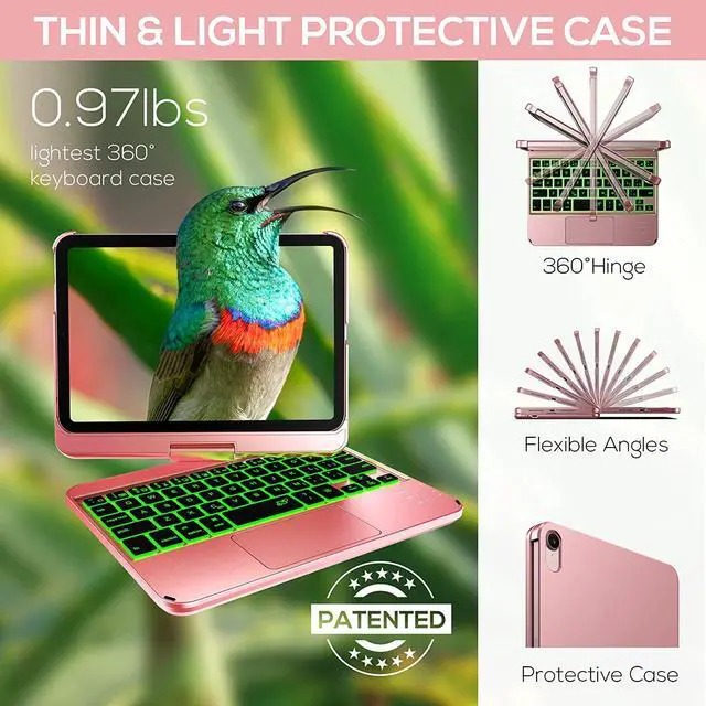 Alt view image 4 of 7 - Touch Wireless Keyboard Case for iPad Mini 6 2021 8.3 inch, Touchpad, 7 Colors Backlit, 360 Rotatable Slim Folio Protective Cover For iPad Mini 6th Generation 8.3 inch 2021 Rose Gold