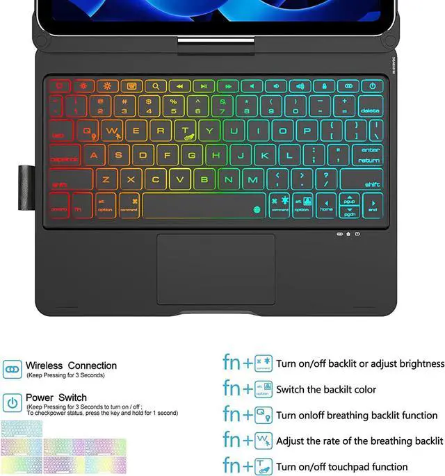 Alt view image 3 of 7 - iPad 10th Generation 10.9 inch 2022 Case with Keyboard - Smart Trackpad- 7 Color Backlight - 360° Rotatable - Touchpad  iPad 10th Keyboard Case 10.9" 2022 with Pencil Holder