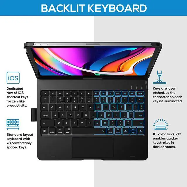 Alt view image 4 of 7 - Touch Case with Keyboard for iPad 10th Generation 10.9 inch 2022, Trackpad - 360° Rotatable - Wireless Backlit Keyboard Case with Pencil Holder for iPad 10th Gen 10.9" 2022