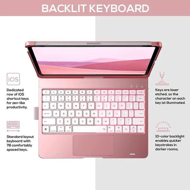 Alt view image 4 of 7 - Touch Case with Keyboard for iPad 10th Generation 10.9 inch 2022, Trackpad - 360° Rotatable - Wireless Backlit Keyboard Case with Pencil Holder for iPad 10th Gen 10.9" 2022 Rose Gold