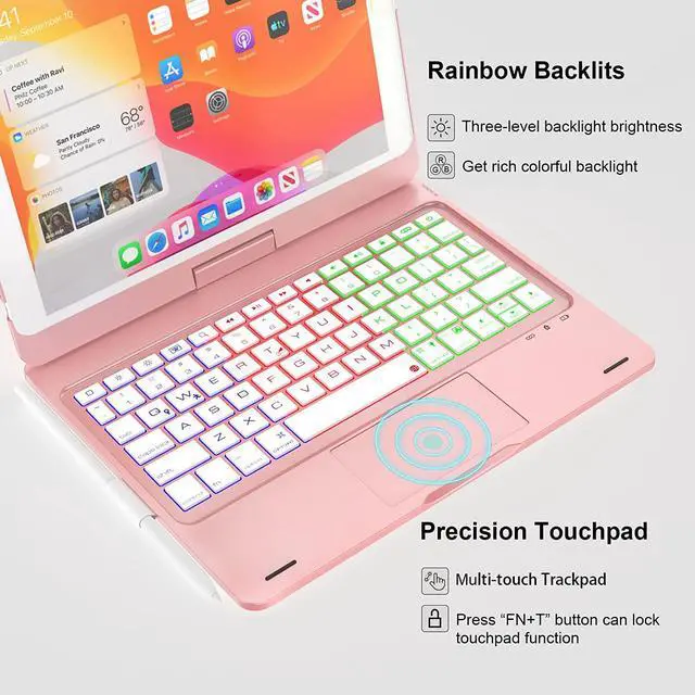 Alt view image 4 of 7 - iPad 9th Generation 10.2 inch Keyboard Case with Touchpad, Rotatable Backlit Keyboard with Pencil Holder for 10.2 inch iPad 9th Gen 2021/ 8th Gen 2020/ 7th Gen 2019 / iPad Air 3 / Pro 10.5 Rose Gold