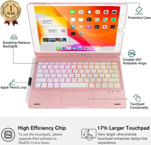 Alt view image 5 of 7 - iPad 9th Generation 10.2 inch Keyboard Case with Touchpad, Rotatable Backlit Keyboard with Pencil Holder for 10.2 inch iPad 9th Gen 2021/ 8th Gen 2020/ 7th Gen 2019 / iPad Air 3 / Pro 10.5 Rose Gold