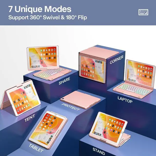 Alt view image 6 of 7 - iPad 9th Generation Case with Keyboard, 360° Rotatable, Multi-Touch Trackpad, 7 Color Backlight & Pencil Holder for iPad 9th / 8th / 7th Gen 10.2 inch & iPad Air 3rd Gen / iPad Pro 10.5 inch Rose Gold