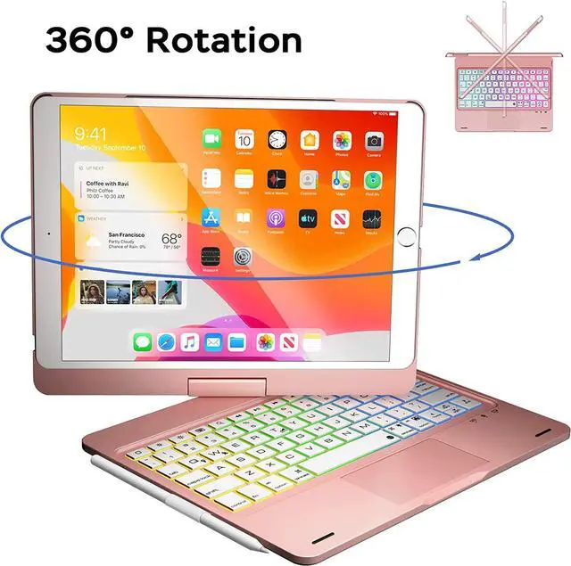 Alt view image 4 of 7 - iPad 9th Generation Case with Keyboard, 360° Rotatable, Multi-Touch Trackpad, 7 Color Backlight & Pencil Holder for iPad 9th / 8th / 7th Gen 10.2 inch & iPad Air 3rd Gen / iPad Pro 10.5 inch Rose Gold