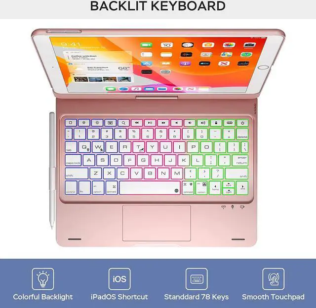 Alt view image 3 of 7 - iPad 9th Generation Case with Keyboard, 360° Rotatable, Multi-Touch Trackpad, 7 Color Backlight & Pencil Holder for iPad 9th / 8th / 7th Gen 10.2 inch & iPad Air 3rd Gen / iPad Pro 10.5 inch Rose Gold
