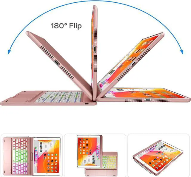 Alt view image 5 of 7 - iPad 9th Generation Case with Keyboard, 360° Rotatable, Multi-Touch Trackpad, 7 Color Backlight & Pencil Holder for iPad 9th / 8th / 7th Gen 10.2 inch & iPad Air 3rd Gen / iPad Pro 10.5 inch Rose Gold