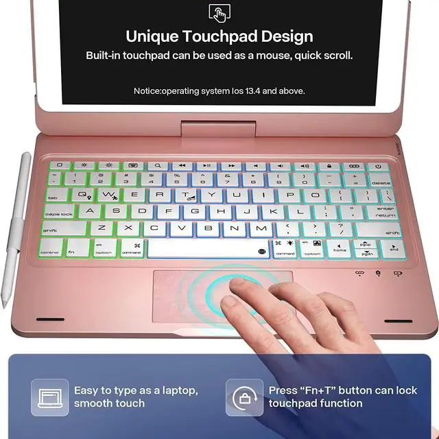 Alt view image 2 of 7 - iPad 9th Generation Case with Keyboard, 360° Rotatable, Multi-Touch Trackpad, 7 Color Backlight & Pencil Holder for iPad 9th / 8th / 7th Gen 10.2 inch & iPad Air 3rd Gen / iPad Pro 10.5 inch Rose Gold