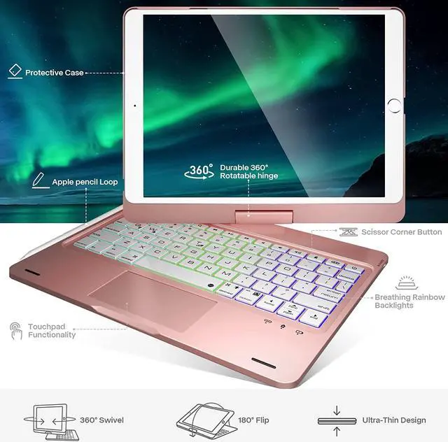Alt view image 7 of 7 - iPad 9th Generation Case with Keyboard, 360° Rotatable, Multi-Touch Trackpad, 7 Color Backlight & Pencil Holder for iPad 9th / 8th / 7th Gen 10.2 inch & iPad Air 3rd Gen / iPad Pro 10.5 inch Rose Gold