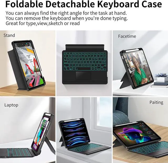 Alt view image 5 of 7 - Keyboard Case For iPad Pro 11 inch 4th 3rd 2nd 1st Gen 2022 2021 2020 2018, iPad Air 5 Air 4 10.9 2022 2020 Magnetic Backshell with Pencil Holder, Backlit Keyboard with Stand, Trackpad,Auto Wake/Sleep