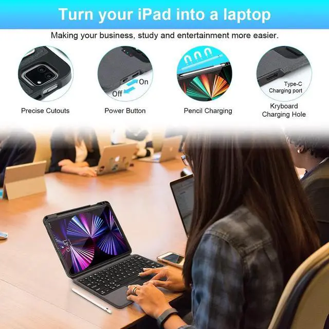 Alt view image 7 of 7 - Wireless Keyboard Case with Touchpad for iPad Pro 12.9 inch 6th Generation 2022 / iPad Pro 12.9 inch 5th Gen 2021 / 4th Gen 2020 / 3rd Gen 2018, 7 Colors Backlit, Pencil Holder