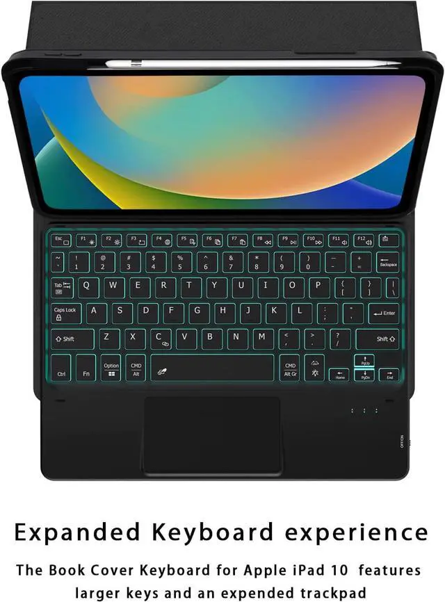 Alt view image 3 of 7 - 7 Color Backlit Touch Case with Keyboard for iPad 10th Generation 10.9 inch 2022 Multi-Touch Trackpad - Detachable Wireless Tablet Keyboard Cover with Pencil Holder
