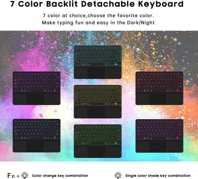 Alt view image 2 of 7 - 7 Color Backlit Touch Case with Keyboard for iPad 10th Generation 10.9 inch 2022 Multi-Touch Trackpad - Detachable Wireless Tablet Keyboard Cover with Pencil Holder