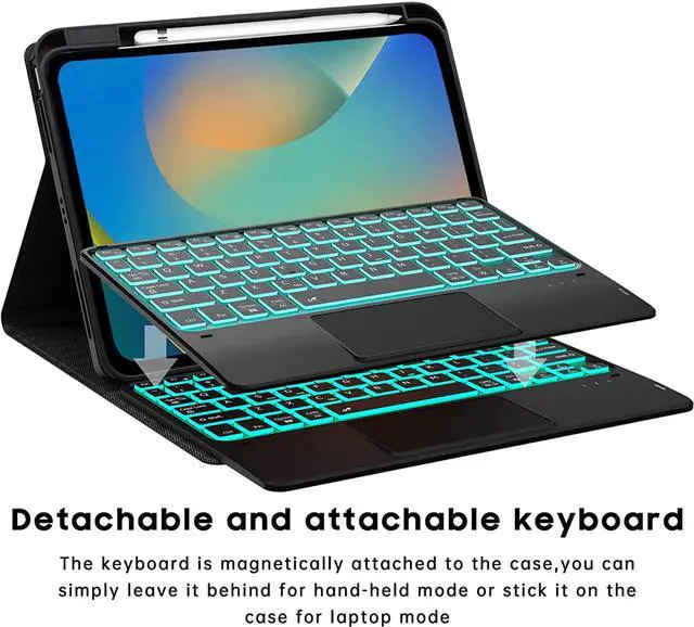 Alt view image 5 of 7 - 7 Color Backlit Touch Case with Keyboard for iPad 10th Generation 10.9 inch 2022 Multi-Touch Trackpad - Detachable Wireless Tablet Keyboard Cover with Pencil Holder