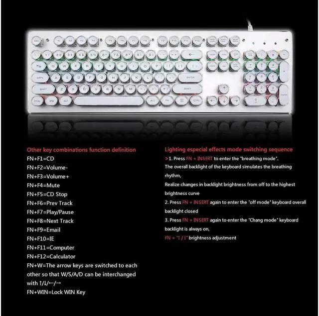 Alt view image 6 of 7 - Mechanical Gaming Keyboard Geeklin Typewriter Rainbow RGB Backlit Keyboard 104 Retro Round Keycaps Wired Mechanical Keyboard with Blue Switch for Desktop Computer PC White