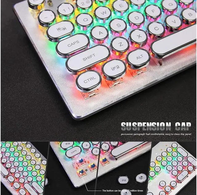 Alt view image 3 of 7 - Mechanical Gaming Keyboard Geeklin Typewriter Rainbow RGB Backlit Keyboard 104 Retro Round Keycaps Wired Mechanical Keyboard with Blue Switch for Desktop Computer PC White
