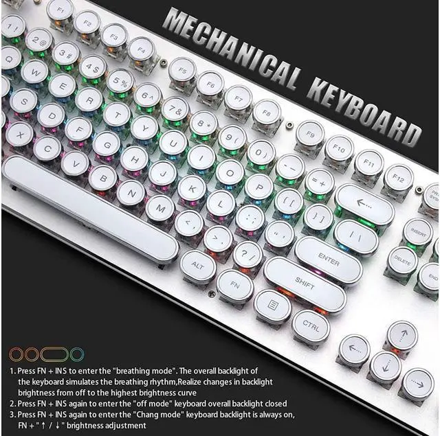 Alt view image 4 of 7 - Mechanical Gaming Keyboard Geeklin Typewriter Rainbow RGB Backlit Keyboard 104 Retro Round Keycaps Wired Mechanical Keyboard with Blue Switch for Desktop Computer PC White
