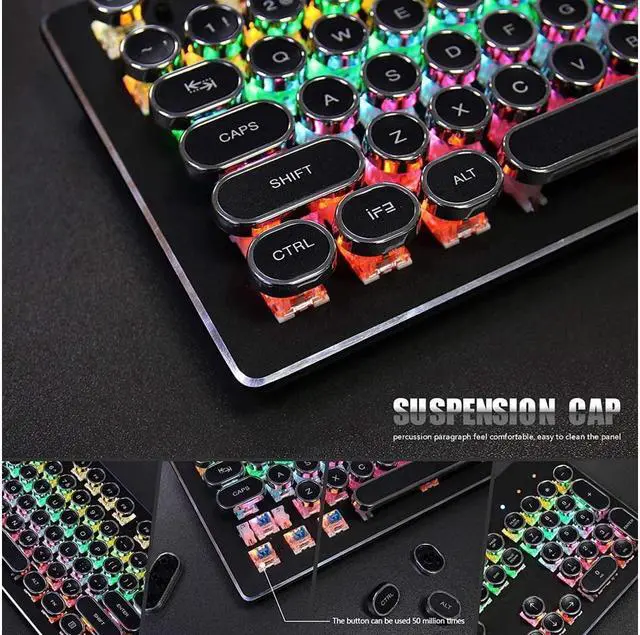 Alt view image 3 of 7 - USB LED Backlit Retro Typewriter Mechanical Keyboard -Blue Switch - Round Keycaps -104 Keys Vintage Inspired Steampunk Gaming Keyboard Mechanical Gaming Keyboard for PC/Mac/Gamer Black
