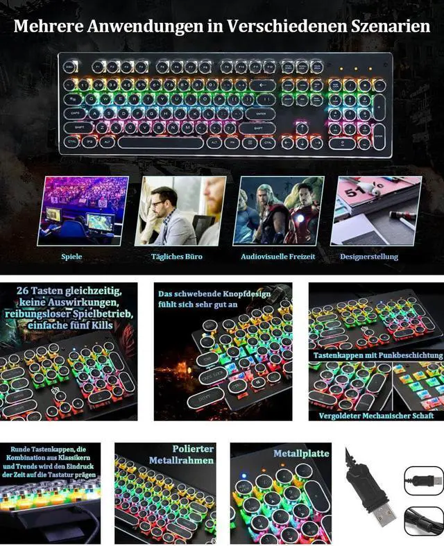 Alt view image 7 of 7 - USB LED Backlit Retro Typewriter Mechanical Keyboard -Blue Switch - Round Keycaps -104 Keys Vintage Inspired Steampunk Gaming Keyboard Mechanical Gaming Keyboard for PC/Mac/Gamer Black