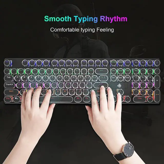 Alt view image 4 of 7 - Mechanical Gaming Keyboard Geeklin Typewriter Rainbow RGB Backlit Keyboard 108 Retro Round Keycaps Wired Mechanical Keyboard with Blue Switch for Desktop Computer PC