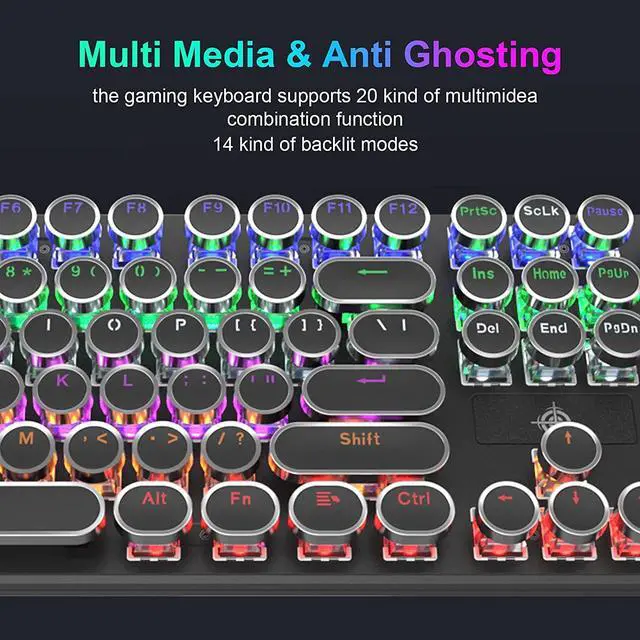 Alt view image 7 of 7 - Mechanical Gaming Keyboard Geeklin Typewriter Rainbow RGB Backlit Keyboard 108 Retro Round Keycaps Wired Mechanical Keyboard with Blue Switch for Desktop Computer PC