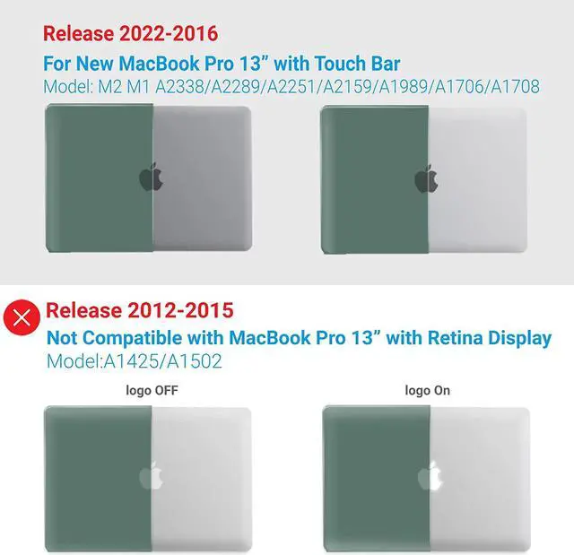 Alt view image 4 of 7 - Compatible with MacBook Pro 13 inch Case M2 2022, 2021, 2020-2016 A2338 M1 A2251 A2289 A2159 A1989 A1708 A1706, Plastic Hard Case with Keyboard Cover Skin Green