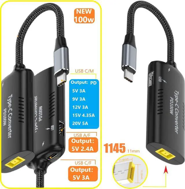 Alt view image 4 of 7 - USB C To Slim Tip Cable Adapter - Type C Female to DC Adapter - Type C Multifunction Adapter Cable 100W to Square Laptop Charging Cable Adapter with Slim Tip