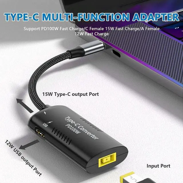 Alt view image 2 of 7 - USB C To Slim Tip Cable Adapter - Type C Female to DC Adapter - Type C Multifunction Adapter Cable 100W to Square Laptop Charging Cable Adapter with Slim Tip