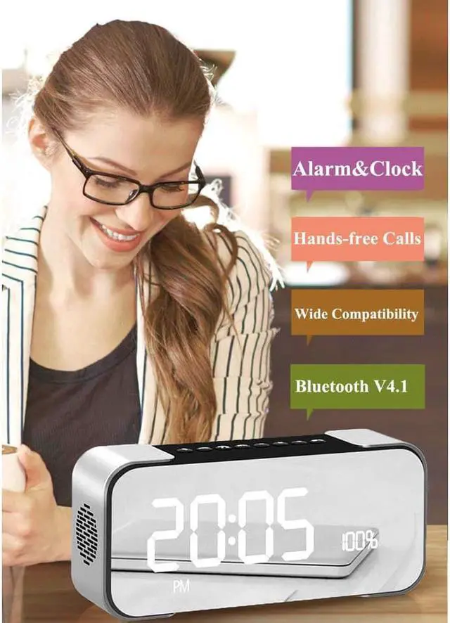 Alt view image 6 of 7 - Bluetooth Speaker Portable Wireless Stereo Speaker with Alarm Clock FM Radio LED Display Microphone Hands-Free Two Subwoofer Enhanced Bass Hi-Fi Surround for iPhone iPad Samsung Tablet PC Home