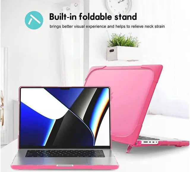 Alt view image 3 of 7 - MacBook Pro 14 inch Case 2023 2022 2021 Release M2 A2779 A2442 M1 Chip with Touch ID, Heavy Duty Hard Shell Dual Layer Protective Cover with Fold Kickstand & Keyboard Skin Cover Rose Red