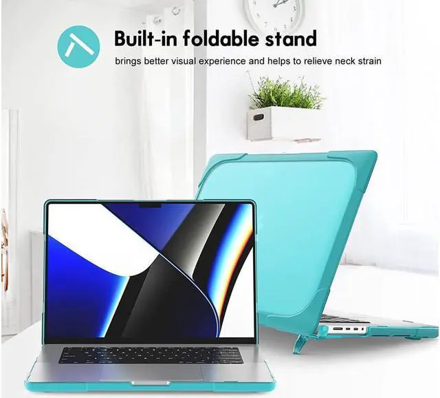 Alt view image 4 of 7 - MacBook Pro 14 inch Case 2023 2022 2021 Release M2 A2779 A2442 M1 Chip with Touch ID, Heavy Duty Hard Shell Dual Layer Protective Cover with Fold Kickstand & Keyboard Skin Cover Blue