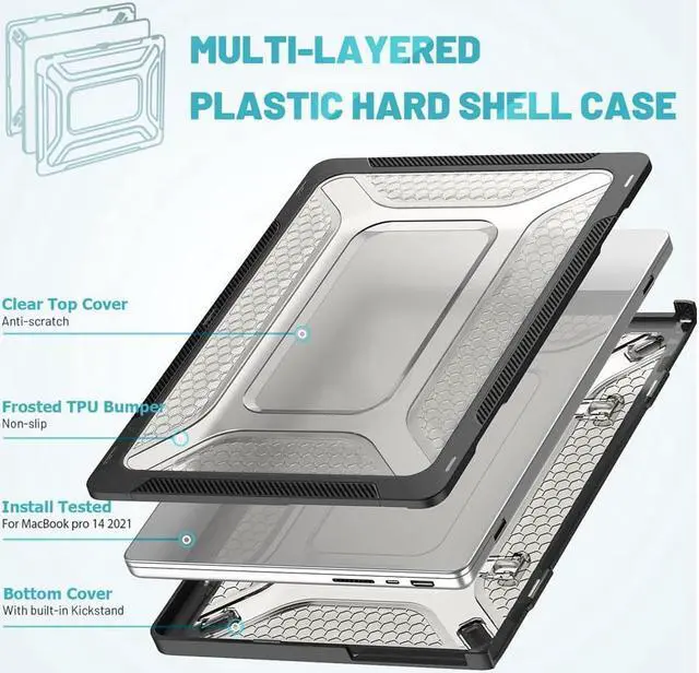 Alt view image 4 of 7 - MacBook Pro 14 inch Case 2023 2022 2021 Release M2 A2779 A2442 M1 Pro/Max Chip with Touch ID, Heavy Duty Hard Shell Dual Layer Protective Cover with Fold Kickstand and Keyboard Skin