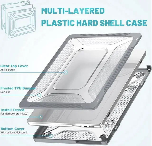 Alt view image 4 of 7 - MacBook Pro 14 inch Case 2023 2022 2021 Release M2 A2779 A2442 M1 Pro/Max Chip with Touch ID, Heavy Duty Hard Shell Dual Layer Protective Cover with Fold Kickstand and Keyboard Skin