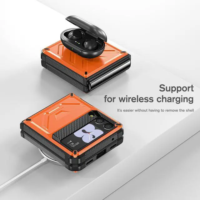 Alt view image 4 of 7 - For Samsung Galaxy Z Flip 3 5G 6.7 inch 2021 Case with Slide Camera Cover, Military Grade Heavy Duty Protective Armor Phone Case Shockproof  Cover Orange