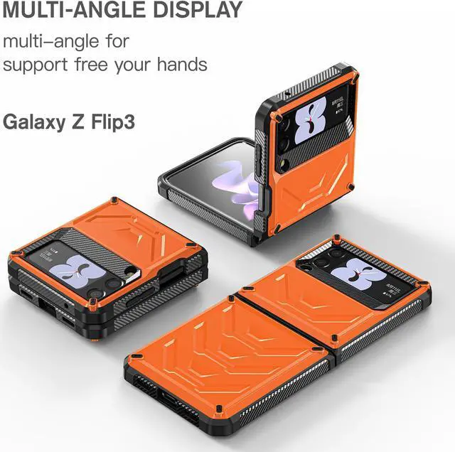 Alt view image 6 of 7 - For Samsung Galaxy Z Flip 3 5G 6.7 inch 2021 Case with Slide Camera Cover, Military Grade Heavy Duty Protective Armor Phone Case Shockproof  Cover Orange