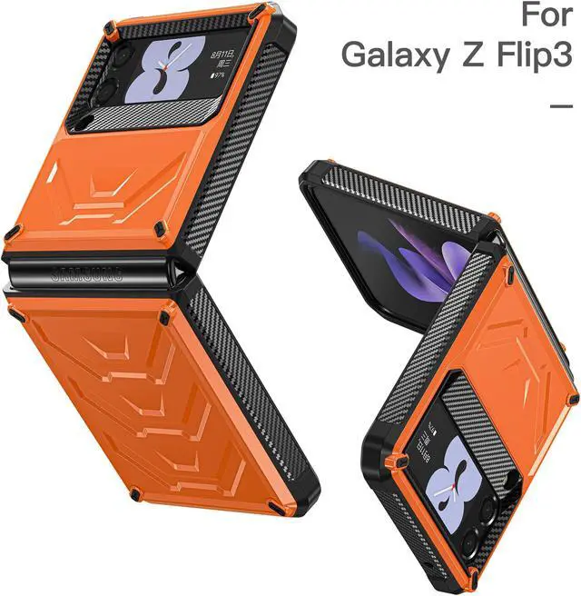 Alt view image 3 of 7 - For Samsung Galaxy Z Flip 3 5G 6.7 inch 2021 Case with Slide Camera Cover, Military Grade Heavy Duty Protective Armor Phone Case Shockproof  Cover Orange