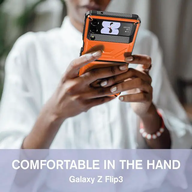 Alt view image 7 of 7 - For Samsung Galaxy Z Flip 3 5G 6.7 inch 2021 Case with Slide Camera Cover, Military Grade Heavy Duty Protective Armor Phone Case Shockproof  Cover Orange