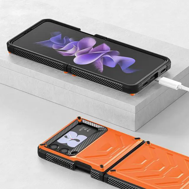 Alt view image 5 of 7 - For Samsung Galaxy Z Flip 3 5G 6.7 inch 2021 Case with Slide Camera Cover, Military Grade Heavy Duty Protective Armor Phone Case Shockproof  Cover Orange