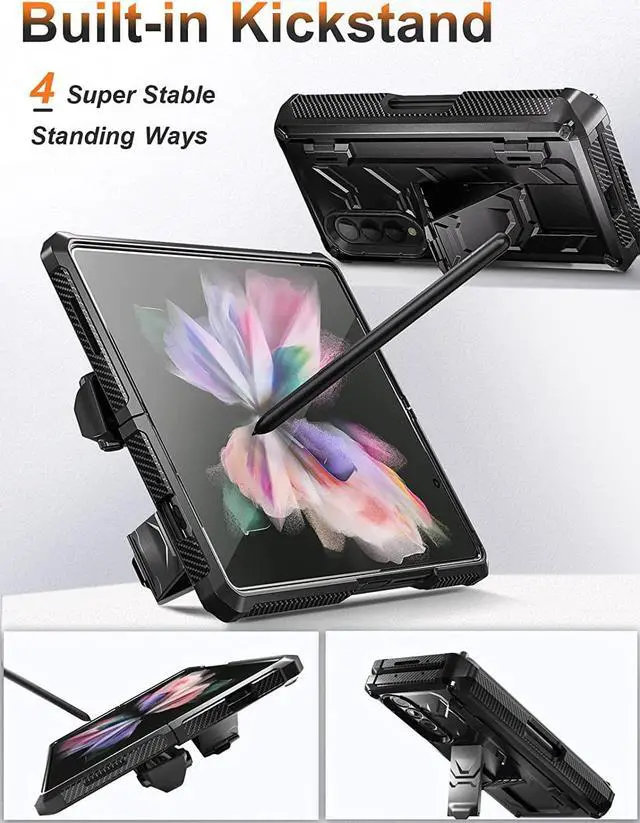 Alt view image 4 of 7 - For Samsung Galaxy Z Fold 3 Case with S Pen Holder, Built-in Kickstand / Screen Protector / Camera & Hinge Protection, 360° Protection Phone Case Cover for Samsung Galaxy Z Fold 3 5G 2021