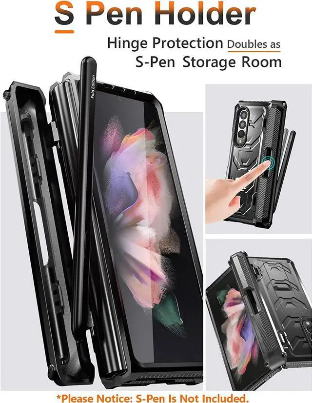 Alt view image 3 of 7 - For Samsung Galaxy Z Fold 3 Case with S Pen Holder, Built-in Kickstand / Screen Protector / Camera & Hinge Protection, 360° Protection Phone Case Cover for Samsung Galaxy Z Fold 3 5G 2021