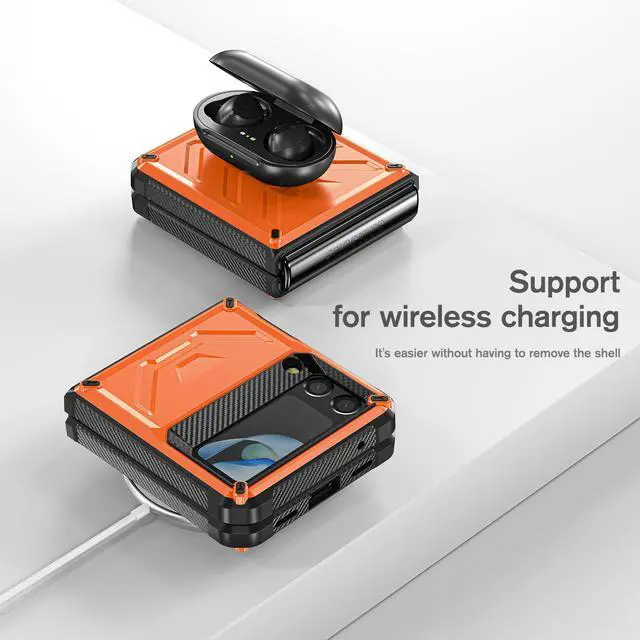 Alt view image 2 of 7 - For Samsung Galaxy Z Flip 4 5G 2022 Case with Slide Camera Cover, Military Grade Heavy Duty Protective Armor Phone Case Shockproof Cover Orange