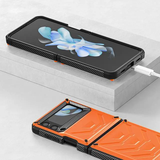 Alt view image 3 of 7 - For Samsung Galaxy Z Flip 4 5G 2022 Case with Slide Camera Cover, Military Grade Heavy Duty Protective Armor Phone Case Shockproof Cover Orange