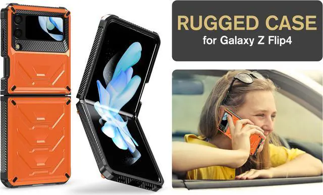 Alt view image 7 of 7 - For Samsung Galaxy Z Flip 4 5G 2022 Case with Slide Camera Cover, Military Grade Heavy Duty Protective Armor Phone Case Shockproof Cover Orange