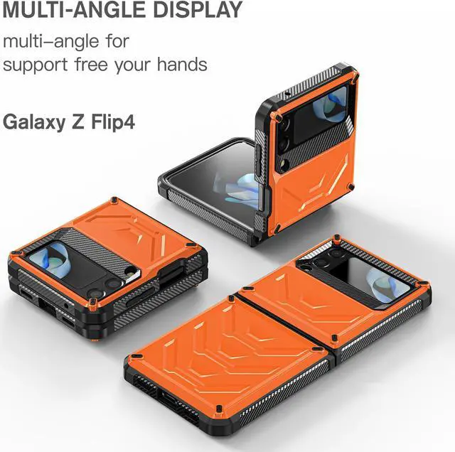 Alt view image 4 of 7 - For Samsung Galaxy Z Flip 4 5G 2022 Case with Slide Camera Cover, Military Grade Heavy Duty Protective Armor Phone Case Shockproof Cover Orange